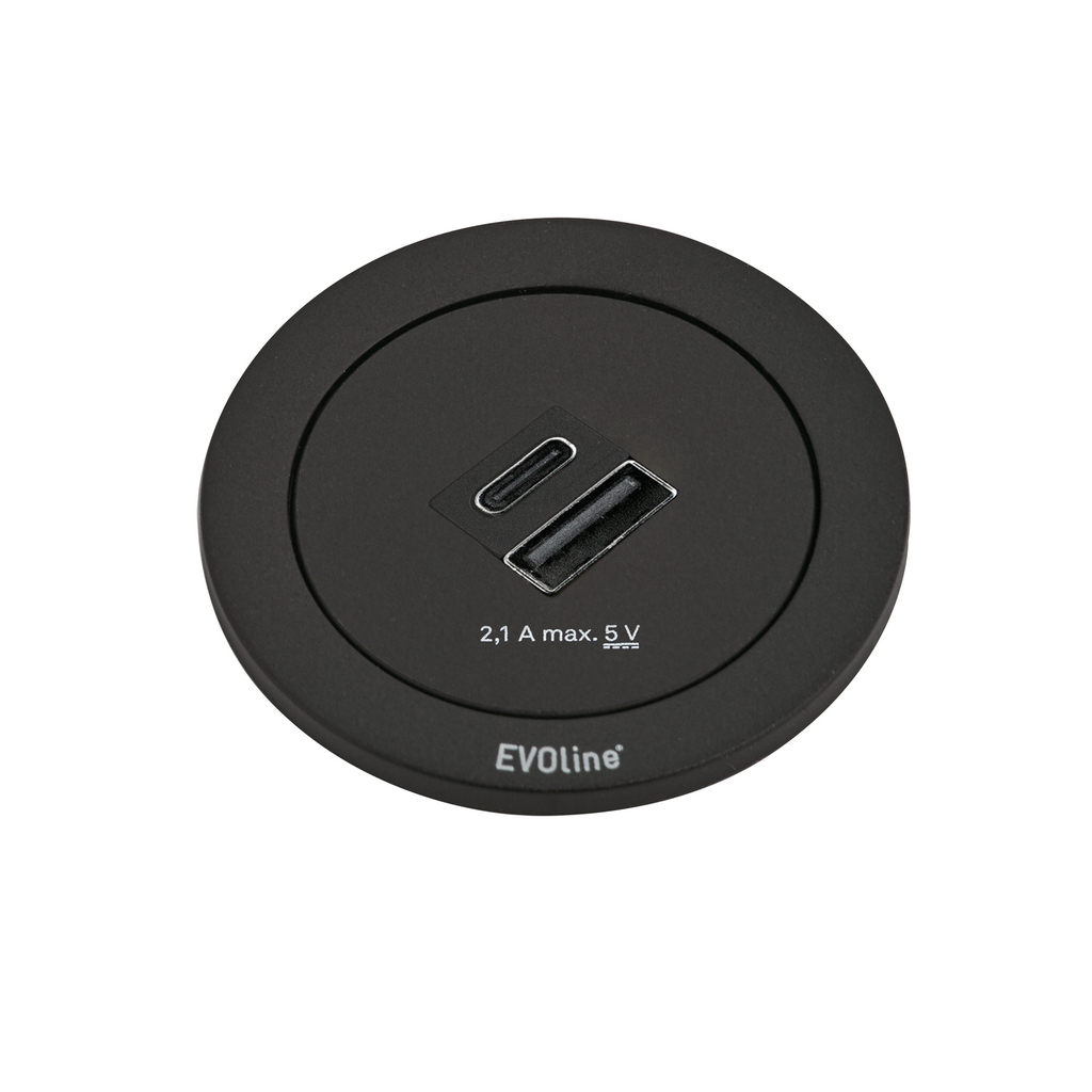 Evoline One Doppel USB A+C zum vielseitigen Einbau in Arbeitsplatten,  Fronten oder Seitenwände in Schwarz oder Edelstahl gebürstet -  Küchenmontagen Dreschler