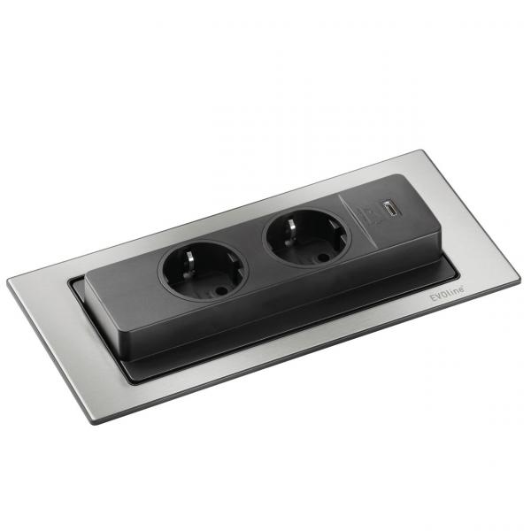 Energiebox Evoline BackFlip-USB A, Edelstahl, Schwarz lackiert, Einbau, flächenbündig H 2,6mm,  Steckdosenelement