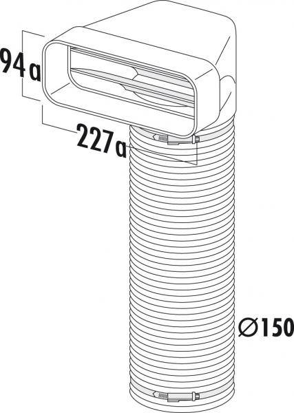 Maße für F-URX 150 Umlenkstück 90° mit Flexschlauch Compair System