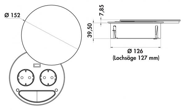 Einbausteckdose Smile Doppelsteckdose mit 1-fach USB zum versenken in Arbeitsplatten für Küche und Büro mit Ablagefach in Glas Maße