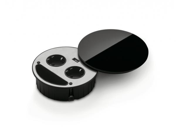 Einbausteckdose Smile Doppelsteckdose mit 1-fach USB zum versenken in Arbeitsplatten für Küche und Büro mit Ablagefach in Glas schwarz